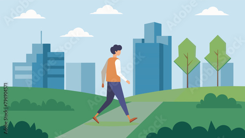 A person walking foot on a grassy patch in the city connecting with nature amidst the concrete and steel..