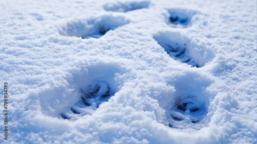   A tight shot of a snowy terrain exhibiting distinct footprints in its midst