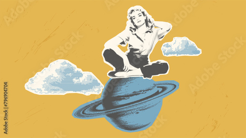 Contemporary Retro Surreal Scrapbooking Poster. Trendy halftone collage element in a retro futurism style, with a woman sitting on a planet. Vintage psychedelic dotted sticker for social media. 