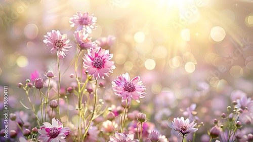 Radiant summer meadow with blooming pink flowers and golden sunlight