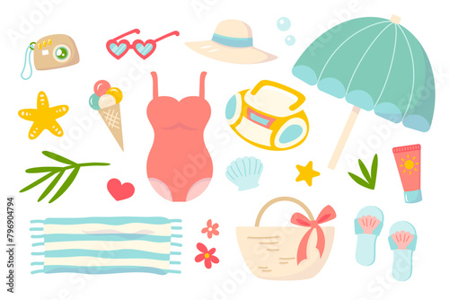 Summer beach vector set design elements. Cute bright hand drawn sticker in flat style for summer holiday. Icon cartoon collection