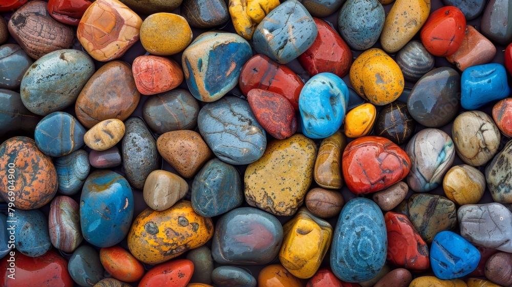   A pile of colorful rocks arranged next to one another atop a larger pile of rocks