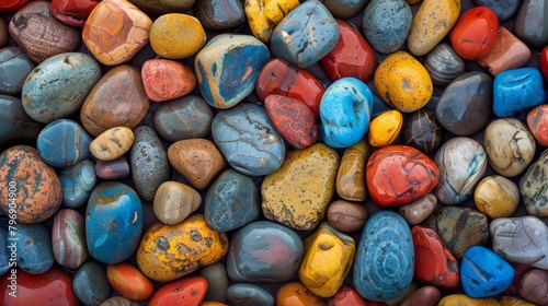   A pile of colorful rocks arranged next to one another atop a larger pile of rocks photo