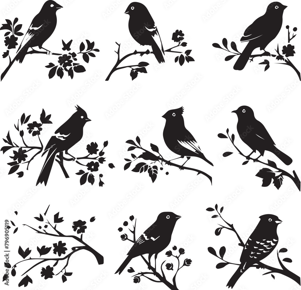 Set of Beautiful Birds on tree branch black Silhouette Set of Beautiful Birds on tree branch black Silhouette