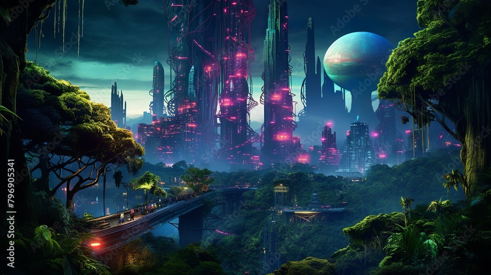 High-Tech Urban Jungle Scene with Flying Cars