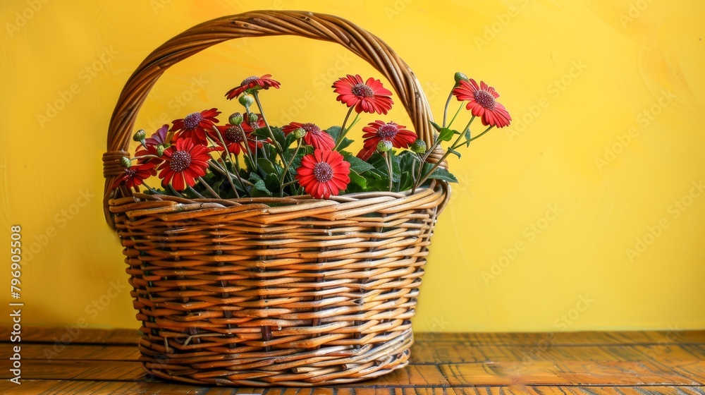 A basket brimming with red blooms atop a wooden table Behind, a yellow wall serves as the backdrop A basket brimming with red blooms atop a wooden table Behind, a yellow wall serves as the backdrop