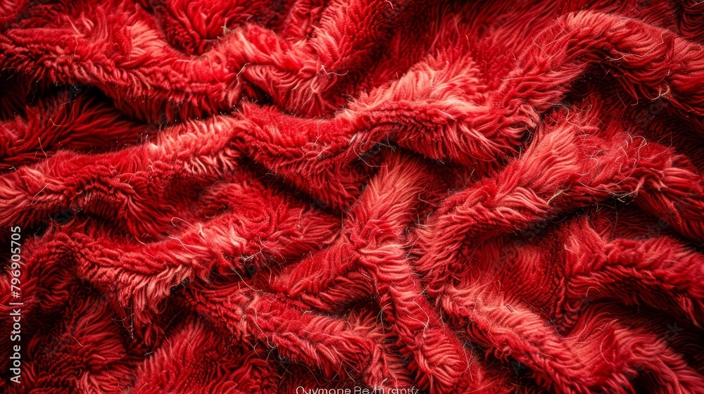   A red blanket, tightly focused, resembling prop from film or TV