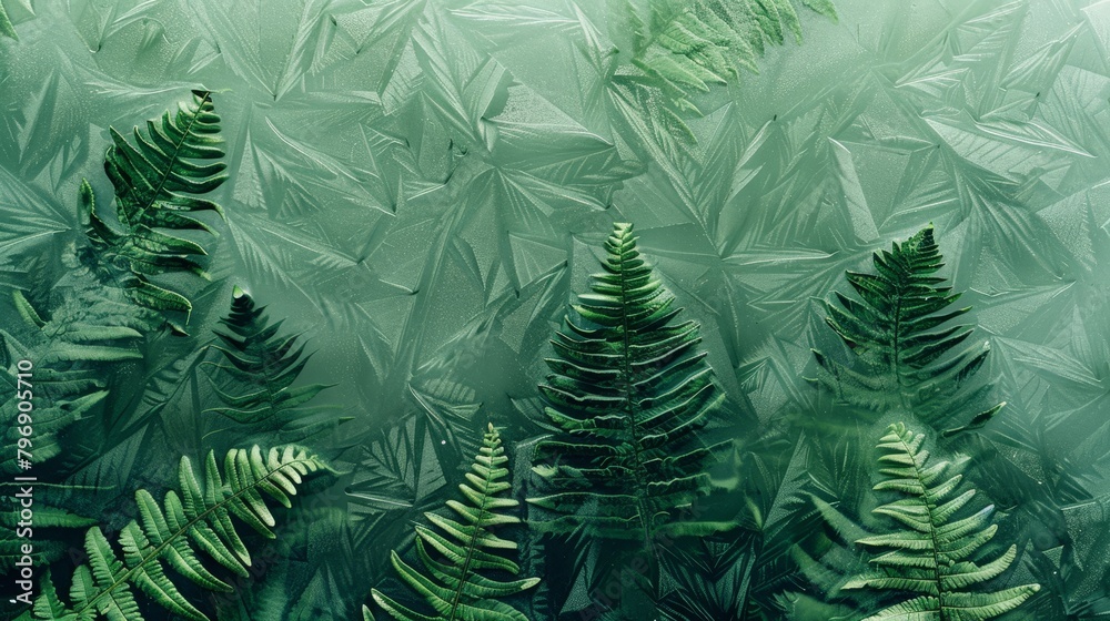   A collection of green plants faces a frosted glass window, their foliage adorning the exterior side