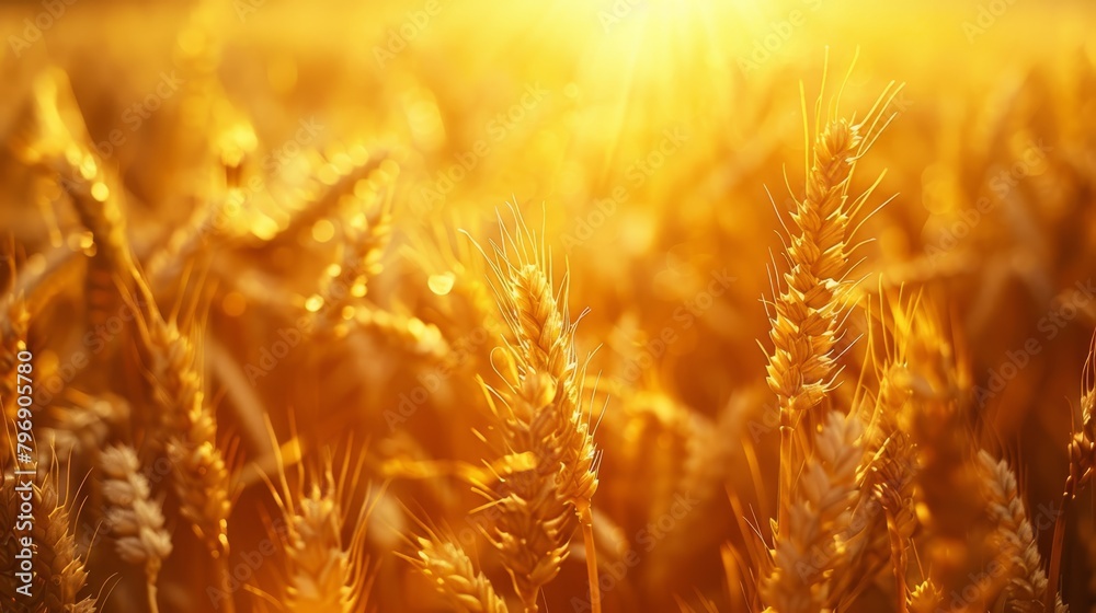  sun filters through wheat ears, illuminating background