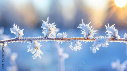  A branch, adorned with snow, is highlighted in a close-up Sunlight filters through the tree branches in the background