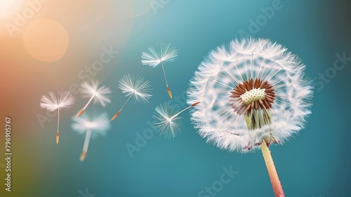   A dandelion drifts in the wind against a blue sky  its soft focus image showcasing a blurred depiction of the golden bloom