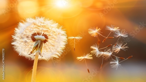  A dandelion sways in the wind as sunlight filters through its back