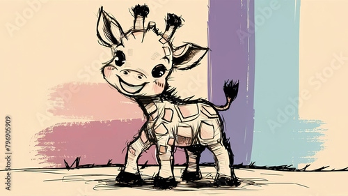 A whimsical and endearing illustration of a modern baby giraffe