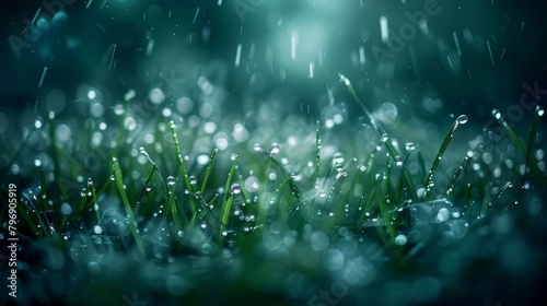  Close-up of green grass dotted with raindrops against a blue sky backdrop