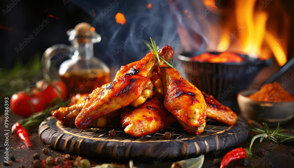Marinated chicken wings on dark background. Tasty meal. Delicious food for dinner. Barbecue menu. Marinated chicken wings on dark background. Tasty meal. Delicious food for dinner. Barbecue menu.