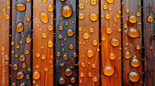 Several raindrops cluster on the wooden fence's side, with an orange and black hue covering it