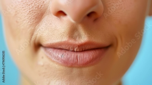   A tight shot of a woman's freckled nose and nose ring at her neck