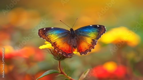   A tight shot of a butterfly atop a bloom against a hazy backdrop of yellow, red, and orange blossoms © Jevjenijs