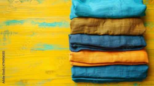   A stack of folded clothes atop a yellow-blue tablecloth on a wooden table © Jevjenijs
