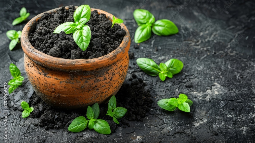 A clay pot, brimming with soil, bears tiny green foliage atop a darkened surface Nearby, an accumulation of earth piles up A clay pot, brimming with soil, bears tiny green foliage atop a darkened surface Nearby, an accumulation of earth piles up