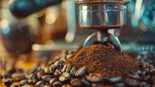  A stack of coffee beans atop a table, accompanied by a grinder and a mug of coffee