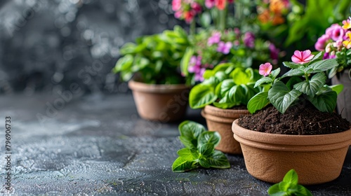   A collection of potted plants aligns beside one another on a cement floor  adjacent to a waterfall