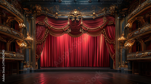 Captivating scene of a baroque opera house stage adorned with vibrant red curtains, illuminated by spotlights, and embellished with elegant opera boxes