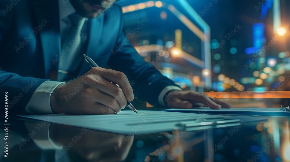 Businessman signs contract investment professional documents with a pen making the signature. Financial and insurance, job application. Businessman signs contract investment professional documents with a pen making the signature. Financial and insurance, job application.