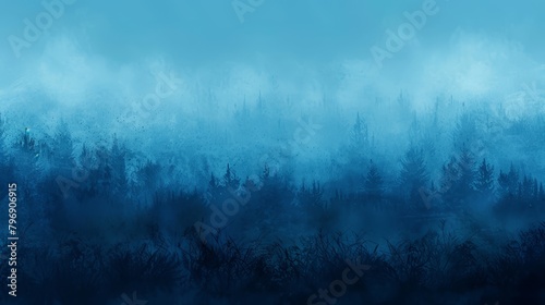  A painting of a forest with blue hues Trees populate the foreground, while a foggy sky recedes in the background