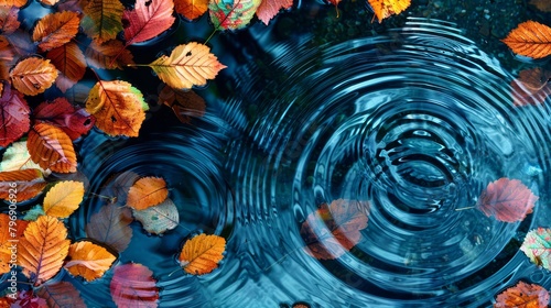  A collection of leaves gently bobbing on a tranquil water surface, disturbed only by ripples in the image's center