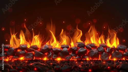  rocks in foreground, bright flames behind, against black backdrop