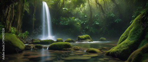 Tropical Paradise  Serene Waterfall in Lush Green Forest Generative AI