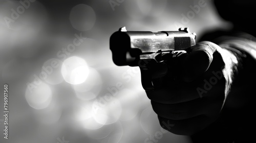   A monochrome image of an individual aiming a firearm at the lens against a backdrop of indistinct, glowing lights photo