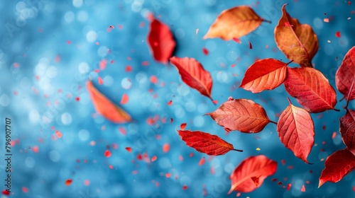   A collection of red leaves hovering above a blue water surface, accompanied by bubbles emerging from beneath