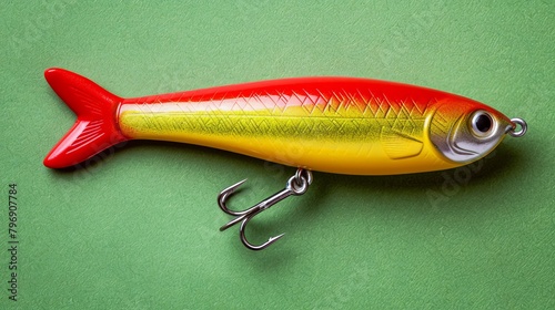  A red-and-yellow fish with a hook beside it on a green background photo