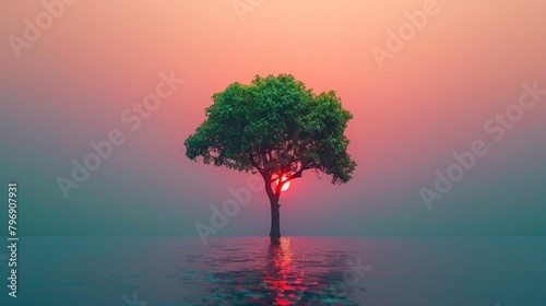  A solitary tree in the mirror-like waters, sunset backdrop