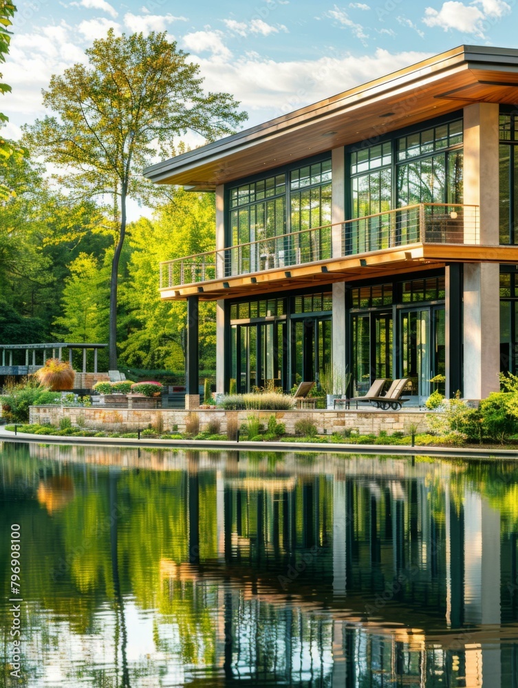 A large house sitting next to a body of water with trees in the background. Generative AI.