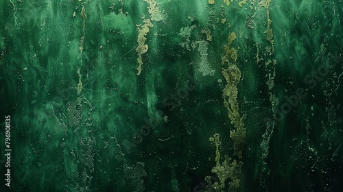  A tight shot of a window adorned outside with green and gold paint, inside veiled in water droplets