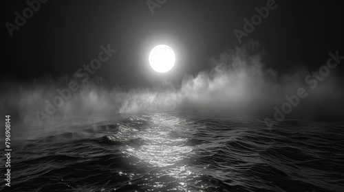  A black-and-white image of a full moon hovering above a tranquil body of water, with mist gently ascending from its surface