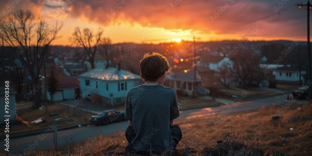 A boy sitting on a hill watching the sunset. Generative AI.