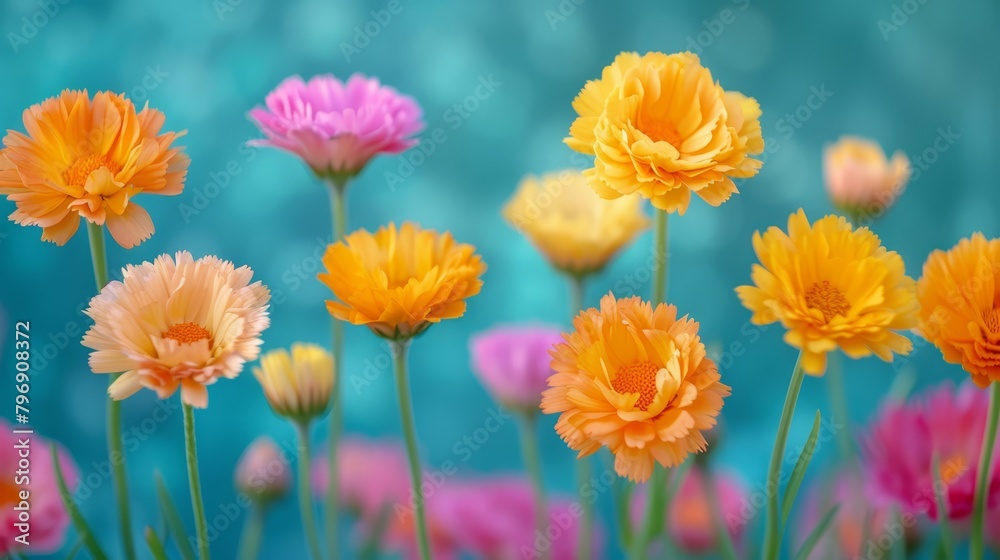 A tight shot of a flower bouquet against a backdrop of softly blurred blue and pink blossoms A tight shot of a flower bouquet against a backdrop of softly blurred blue and pink blossoms