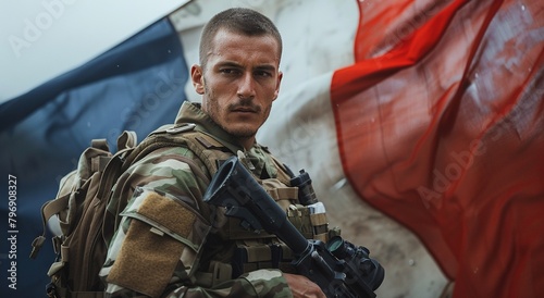 French soldier stands by flag, tactical gear and assault rifle. photo