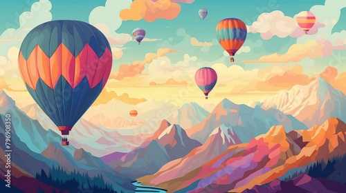 Colorful hot air balloons flying over mountains. Cartoon vector illustration.