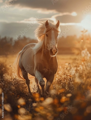 A horse is running through a field of flowers at sunset. Generative AI.