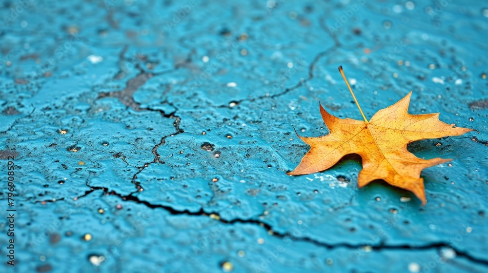 A yellow leaf atop a blue water surface, dotted with water droplets, features a central black line A yellow leaf atop a blue water surface, dotted with water droplets, features a central black line