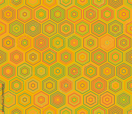 Geometric pattern. Hexagon stacked mosaic cells. Hexagonal cells. Multiple tones color palette. Seamless pattern. Tileable vector illustration.