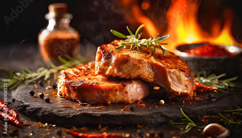 Marinated pork chops on dark background. Tasty meal. Delicious food for dinner. Barbecue menu. photo
