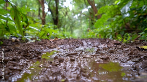   A forest path mired in mud, strewn with abundant leaves, and punctuated by a water-filled puddle photo