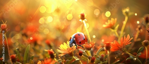 A ladybug is sitting on a flower in the sun. Generative AI.