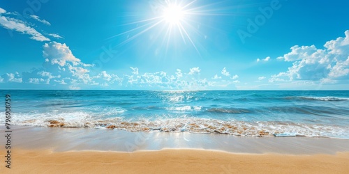 Summer background with a beautiful blue sky and sun, golden sand on the beach, sea view for a vacation banner template Beautiful summer landscape with copy space Generative AI